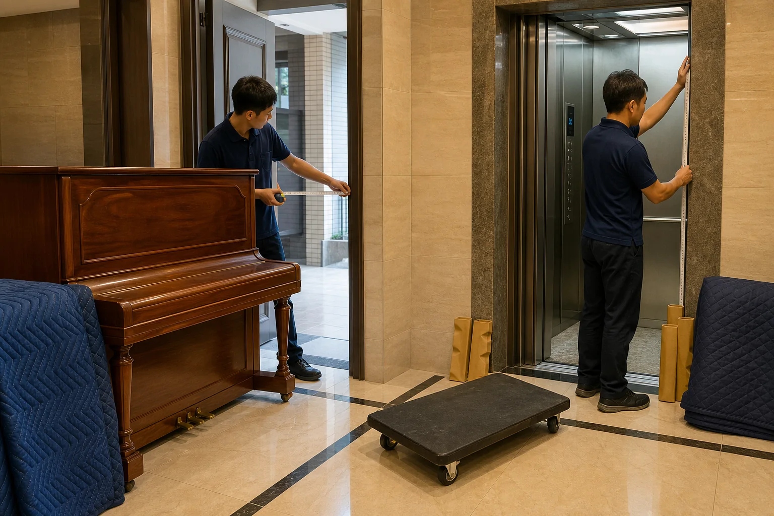 台中鋼琴搬運前，師傅量測直立式鋼琴、門框和轉角，旁邊備有保護毯與搬運工具